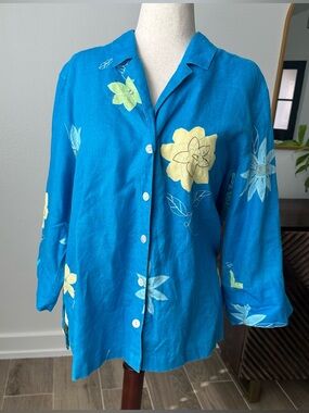Multiples Teal Blue Button-Down Shirt with Yellow Floral Embroidery and Beading